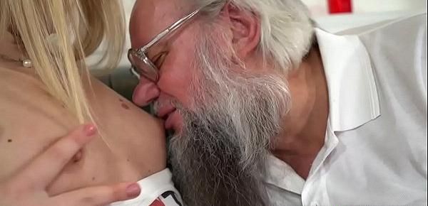  Naughty grandpa Albert is so excited to fuck this sexy teen neighbor Kiara Night. She is horny and strips down before jumping on his cock.